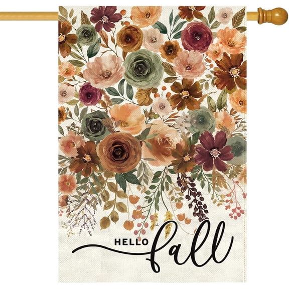 Moderong Hello Fall Watercolor Floral House Flag 28x40 Inch Double Sided,burnt orange Flowers Outside Outdoor Seasonal Burlap Thanksgiving Day Large Flags Garden Home Yard Porch Patio Decoration