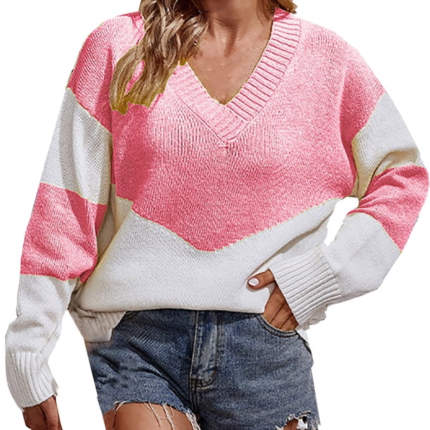Gibobby Sueter para mujer Suéter informal cómodo con cuello en V y bloque de color para mujer para otoño e invierno(Rosa,G)