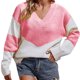 thumbnail image 1 of Gibobby Sueter para mujer Suéter informal cómodo con cuello en V y bloque de color para mujer para otoño e invierno(Rosa,G), 1 of 5