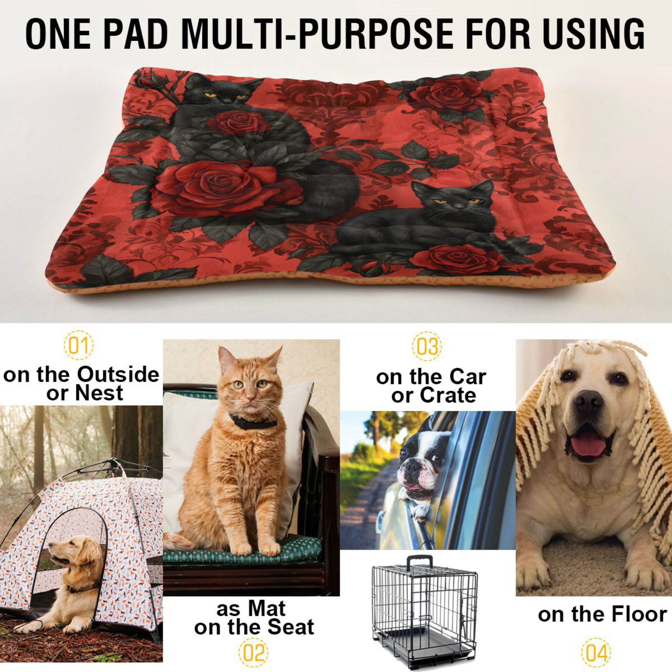 Qxltty Gothic Roses Black Cats Pattern Ped Pad Wear-resistant and Hard to Bite Through Sleeping Pad for Small Medium Large Dogs Winter Pet Bed 36×24in