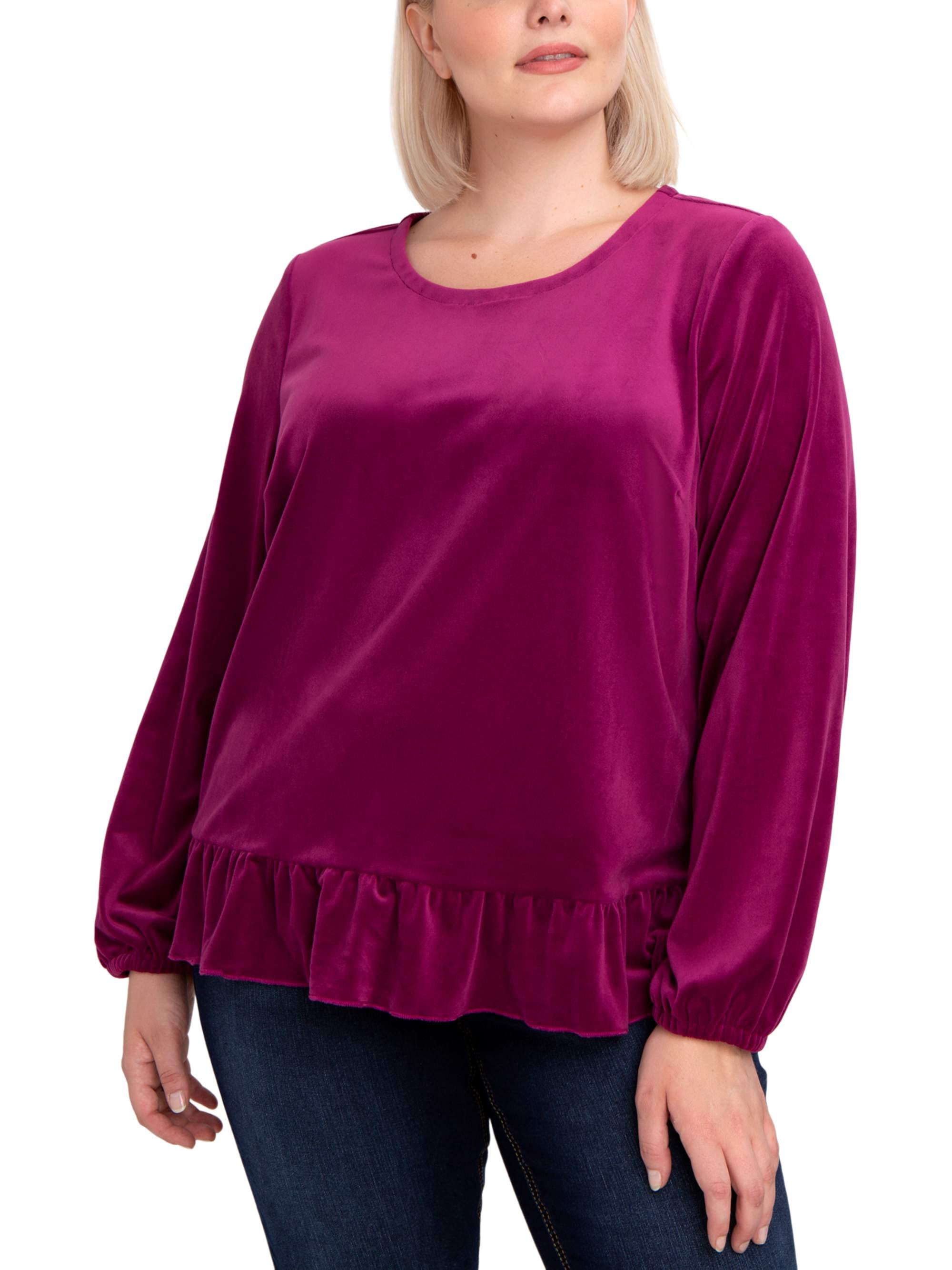 Women's Plus Size Velour Peplum Top With Ruffle Bottom