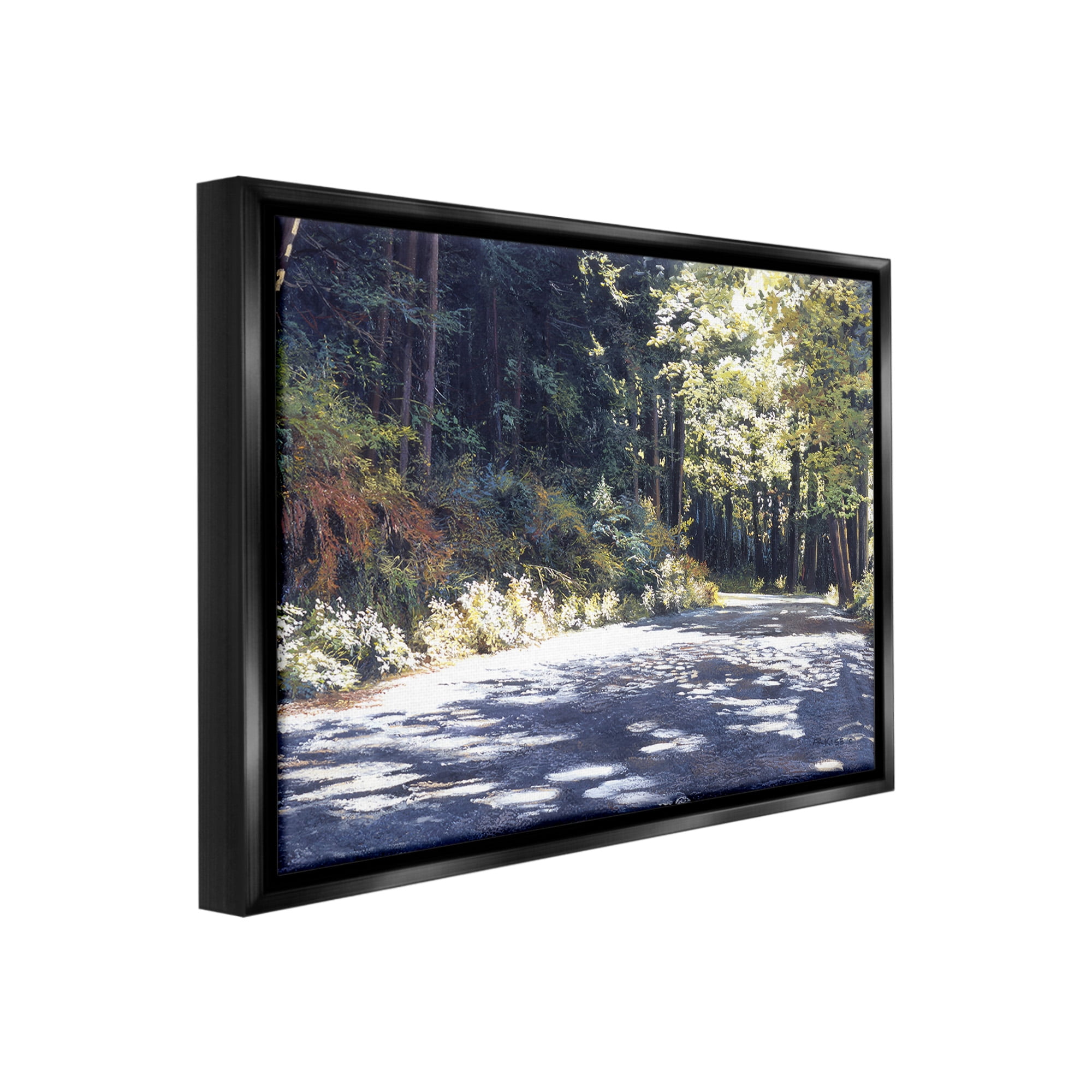 Stupell Industries Sunlit Woodland Road Landscape Painting Black Floater Framed Canvas Art Print Wall Art, 21 x 17