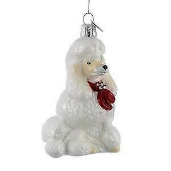 Noble Gems Glass Poodle Dog Ornaments, 3.5", Set of 6, with Red Holiday Bows