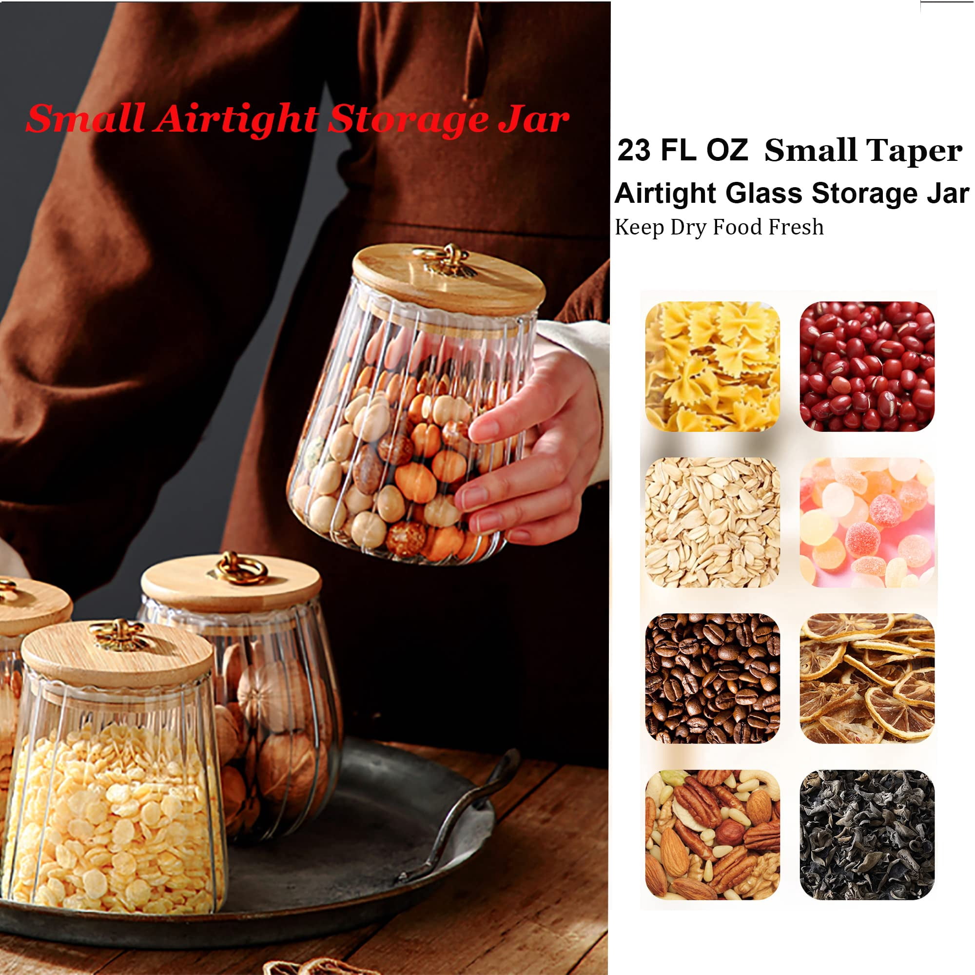 Glass Coffee Canister Airtight Container, Petal Design Storage Jar with Bamboo Lid and Metal Handle, 700ml Capacity, Clear