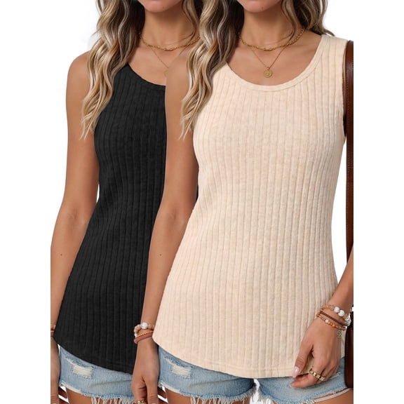 MOSHU 2 Pack Tank Tops for Women Crew Neck Sleeveless Tops Dressy Casual Loose Fit Summer Shirts