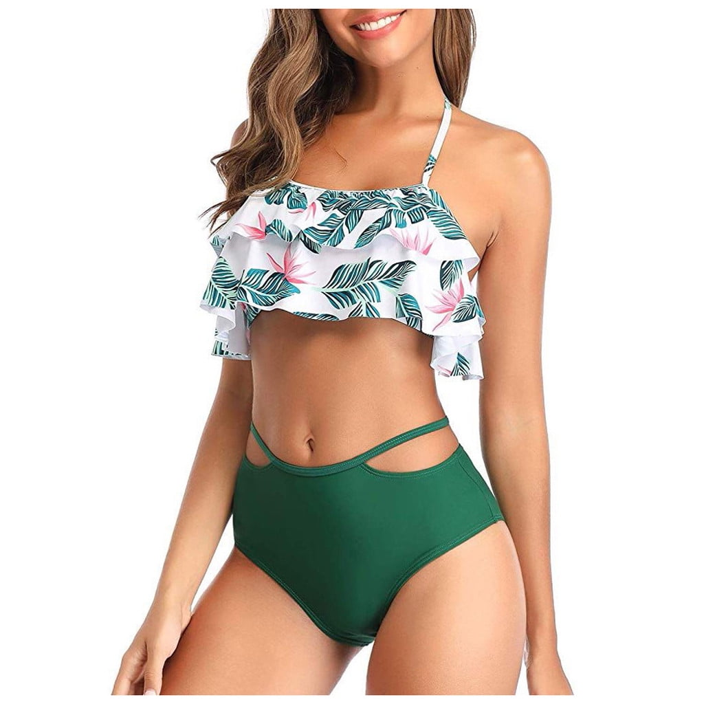 ROVLET Women's Floral Printing High-Waisted Bikini Set Ruffles Neck Halter Padded Swimsuit Swimwear Beach Tankini 