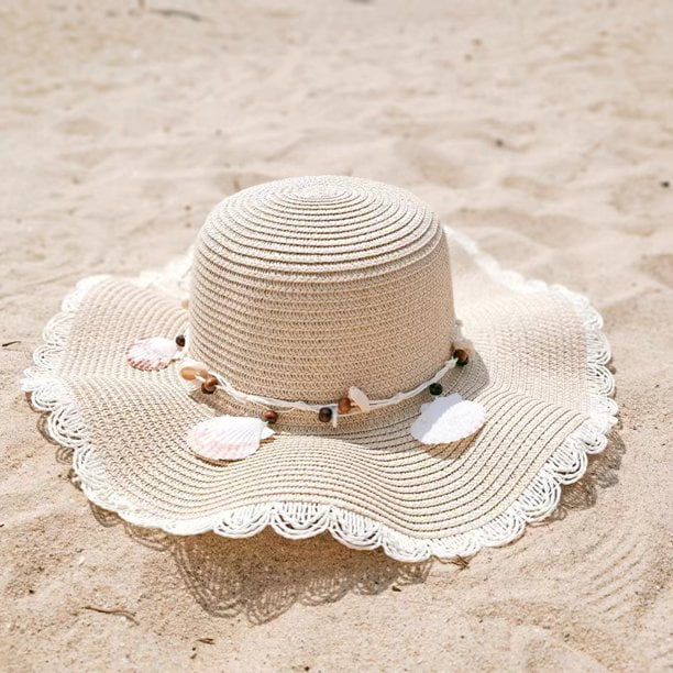 Women Tan Sun large floppy Beach ?️ hat with White knotted faux pearls Accents Celebrating elegant design & timeless style. This week  main image 4