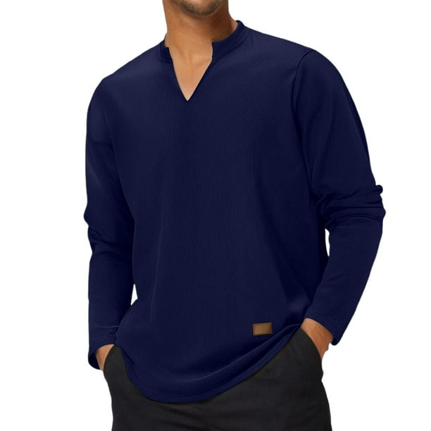 Camiseta holgada de manga larga con cuello en V y rayas para hombre, fresca para el verano - Poliéster, duradera, para uso diario, fácil de combinar con pantalones - Tallas S-XXXL