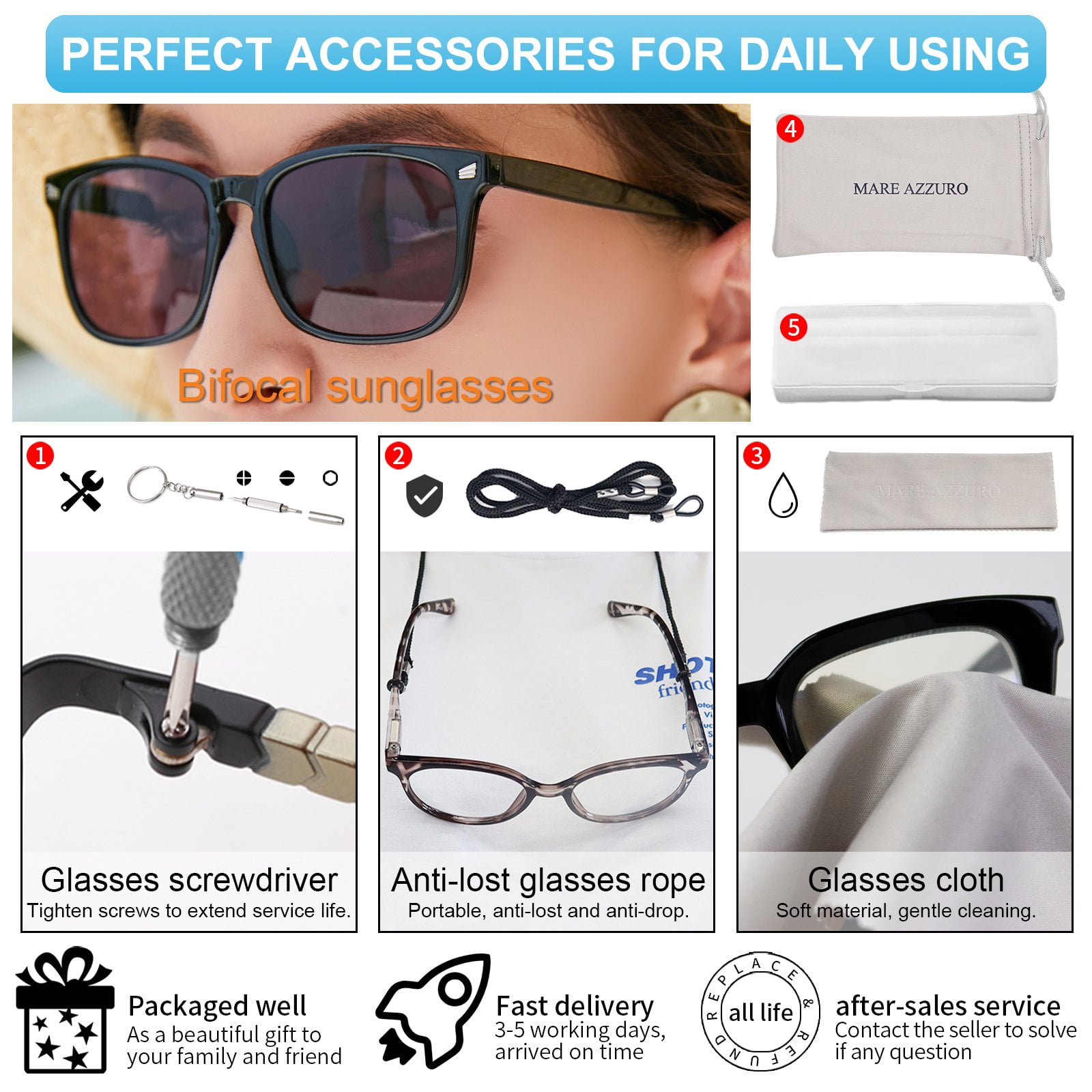 MARE AZZURO Bifocal Reading Sunglasses Women Trendy Square Outdoor Readers 0.0 1.0 1.5 2.0 2.5 3.0 3.5 4.0 (Black, 1.00)