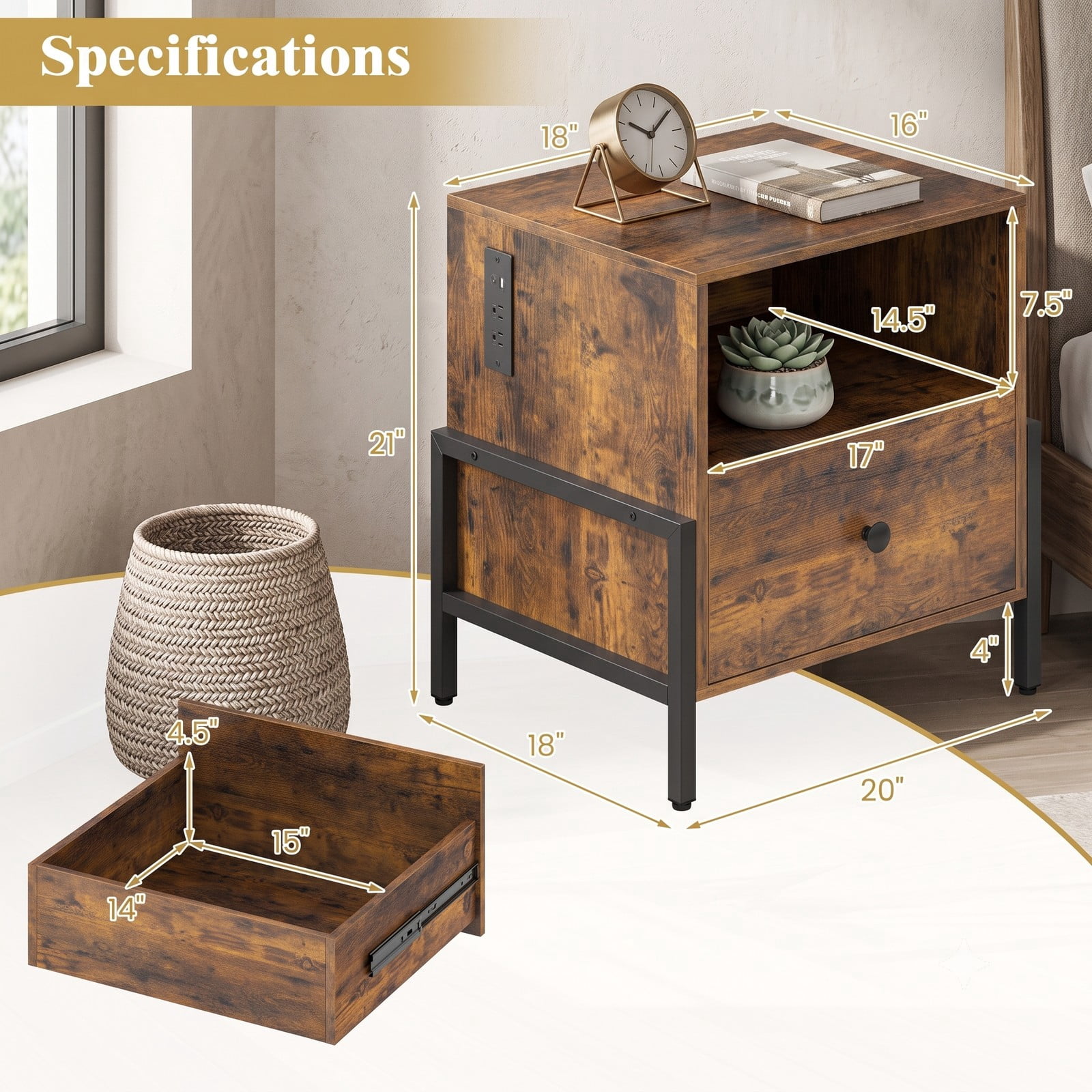 Furnibear Industrial Nightstand with Charging Station and Drawer, Sofa Side Table with Open Compartment and Metal Frame for Bedroom, Rustic Brown