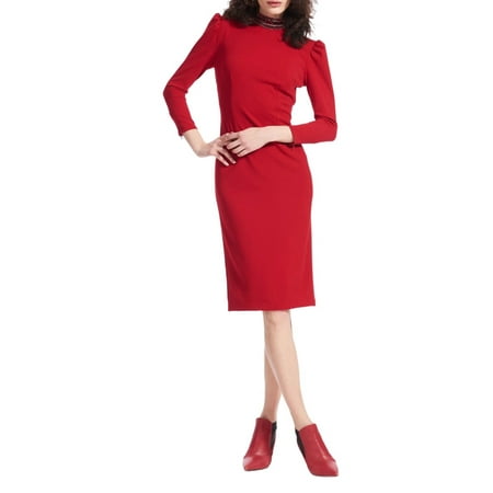 Emily Shalant Beaded Mock Neck And Bow Detail Open Back 3/4 Sleeves Back Zipper Short Dress Color: Red  Size: 6