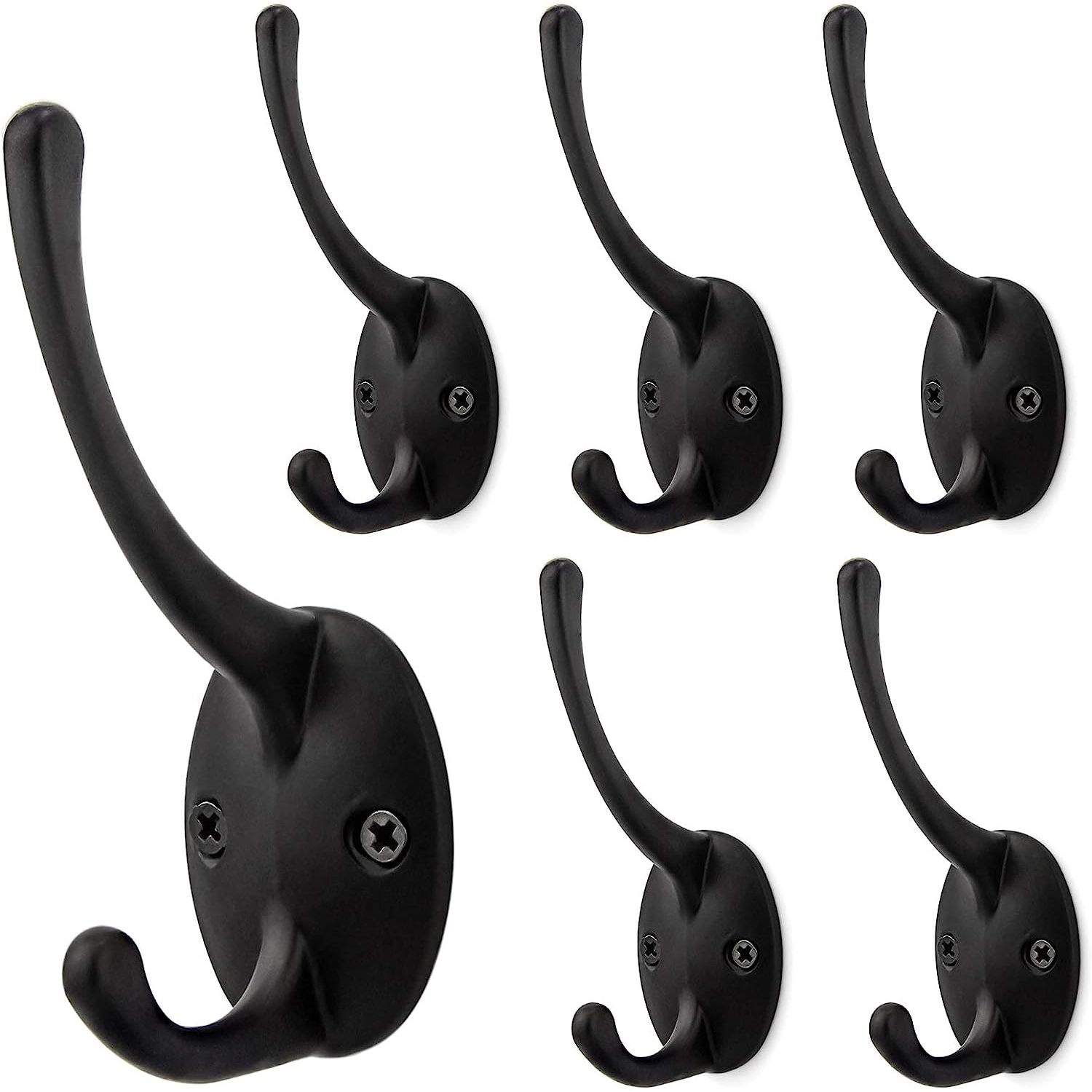 Double Robe Hook Black, Bilot Small Coat Hangers Wall Mounted, 6 Packs