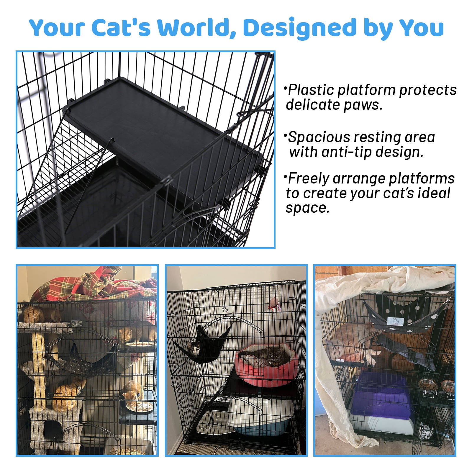 Homey Pet 51 Inch Cat Cages Indoor, 3-Tier Cat Crates for Indoor Cats, Collapsible Metal Wire Large Cat Kennel Big Multi-Level Kitten Crate with Wide Side Door, Plastic Platform, Ramp, 360° Wheel
