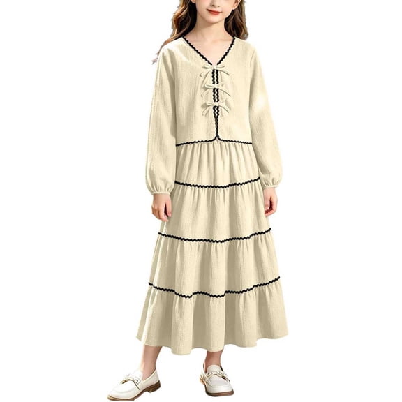 ZACPNCV Girls Elegant 2 Piece Skirt Set Long Sleeve V Neck Bow Front Top and Tiered Long Skirt Set Casual Spring Girls Suit 7-8Years Beige