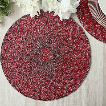 

Enliven Luxury Handmade beaded placemat red and gunmetal silver charger plate