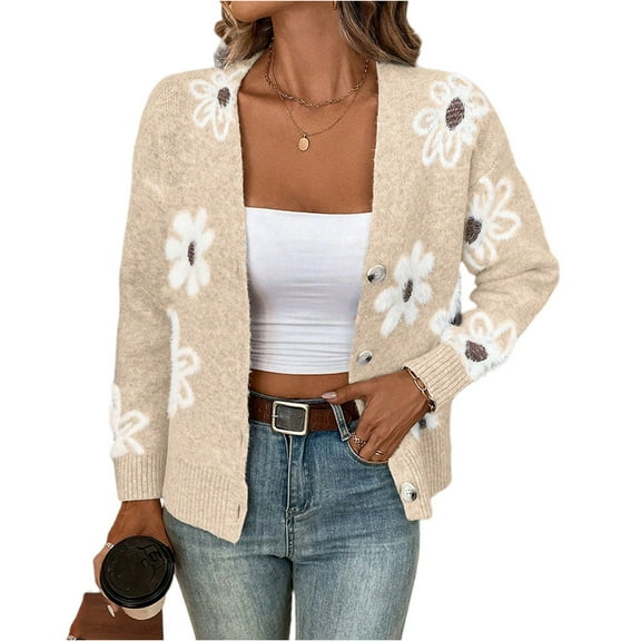 dGslk Women's New Autum And Winter Flower Pattern Button Front Cardigan Sweater Coat Beige L