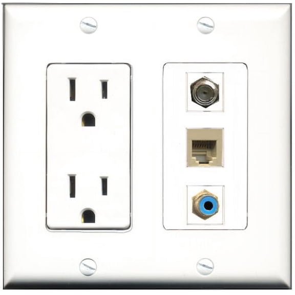 RiteAV - 15 Amp Power Outlet 1 Port RCA Blue 1 Port Coax 1 Port Phone Beige Decorative Wall Plate