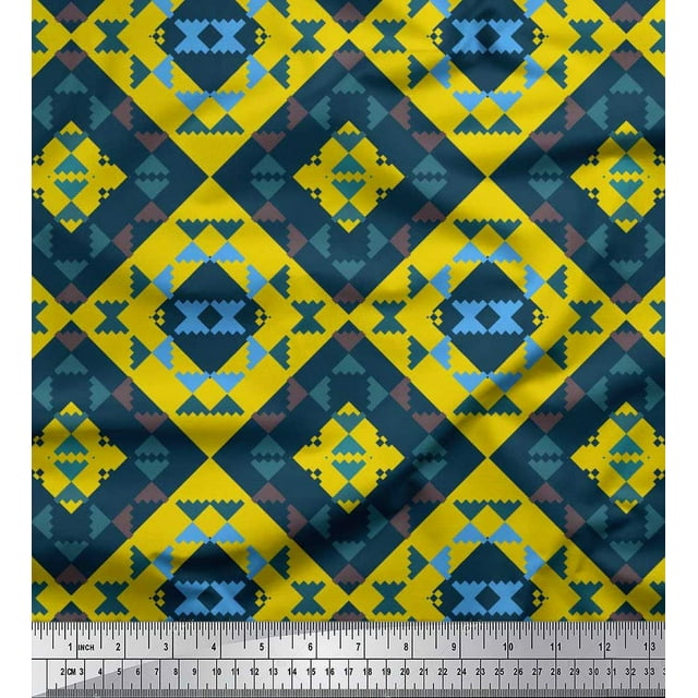 Soimoi Yellow polyester Crepe Fabric Check & Geometric Print Fabric by Yard 42 Inch Wide
