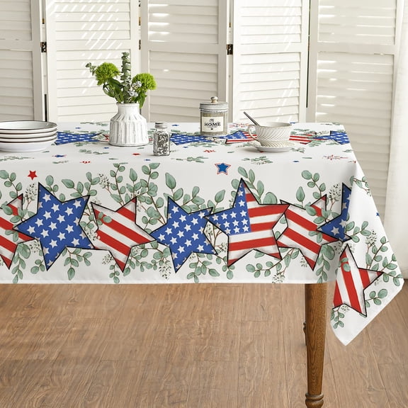 84x60in Patriotic Eucalyptus Star 4th of July Tablecloth for Party Decor