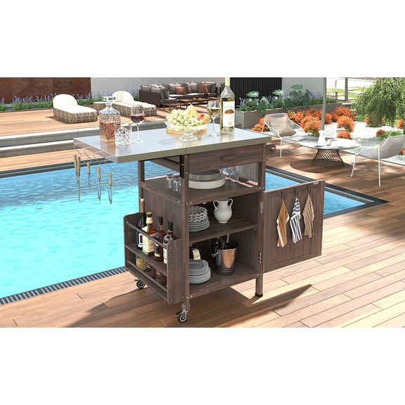 YIYADO Outdoor Kitchen Island, Stainless Steel Top, Solid Wood Outdoor Storage Cabinet with Drop Leaves, One Drawer, Towel Rail, Lockable Wheels