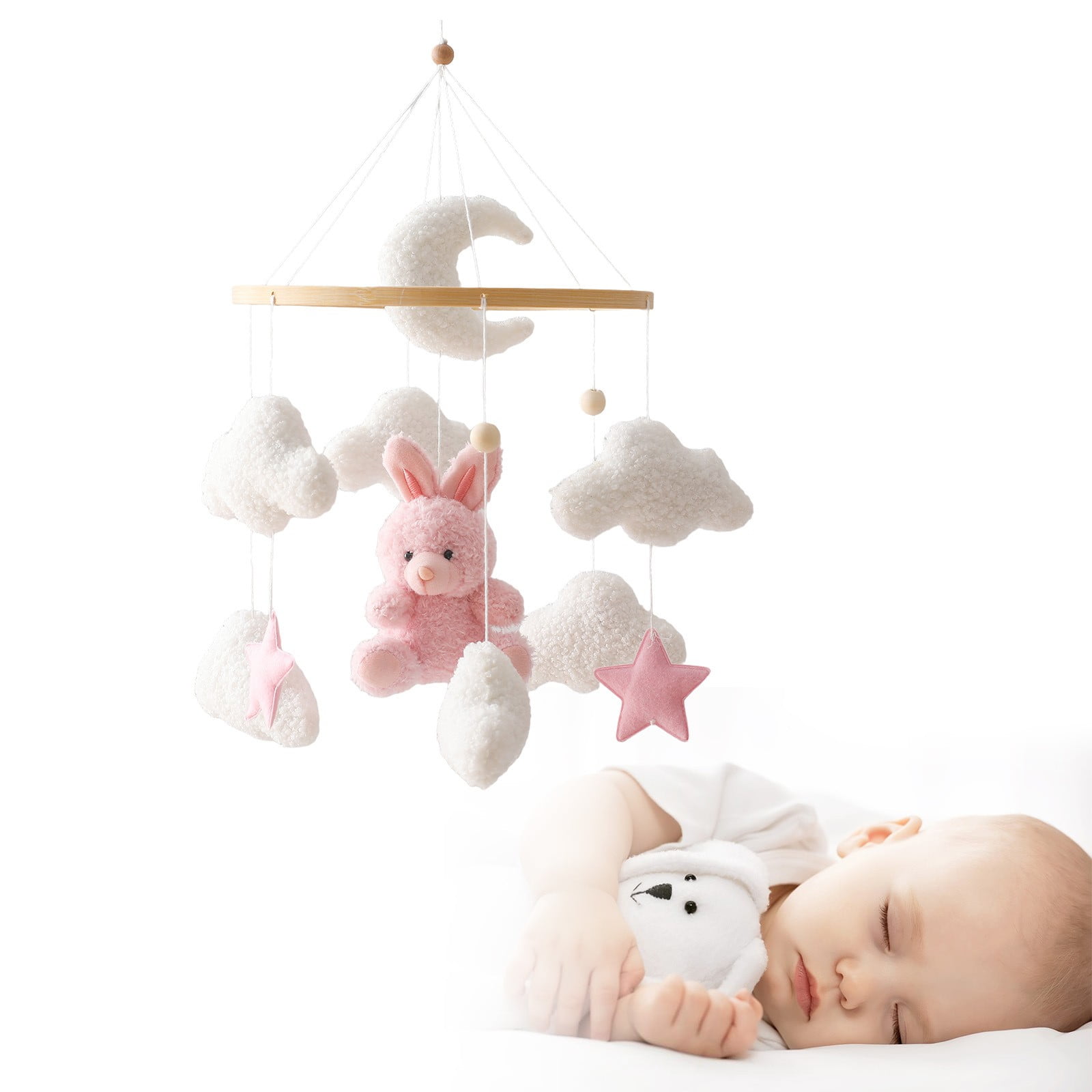 FTsdfkl 18-Inch Baby Crib Mobile, Soft Plush Bunny/Bear with Moon & Clouds, Hanging Nursery Decor Mobile for Newborns, Neutral/Boho Style