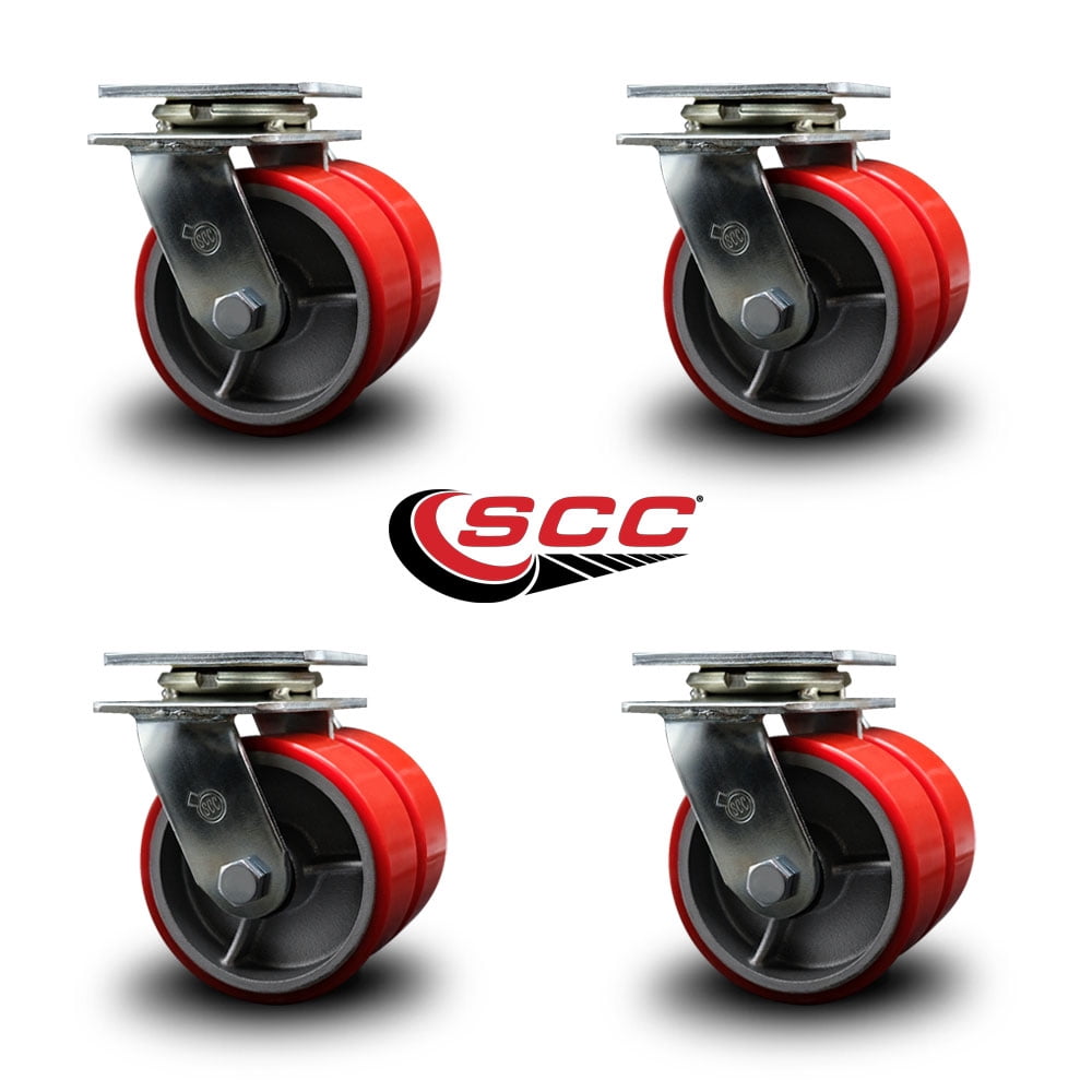 5 Inch Dual Red Poly on Cast Iron Wheels Swivel Caster Set with Roller Bearings