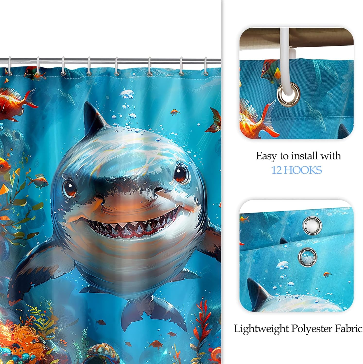 4 Pcs Shark Shower Curtain Set - Shark Bath Curtain, Blue Shark Bathroom Ocean Themed Shower Curtain for Kids Boys Girls, Sea Animal Shower Curtain with Rug, Toilet Cover, Bath Mat with 12 Hooks