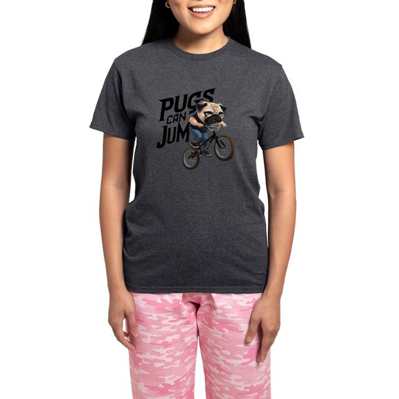 CafePress - Pugs Can Jump - Women's Short Sleeve Print T-Shirt and Pants Charcoal Gray Cotton Pajama Set