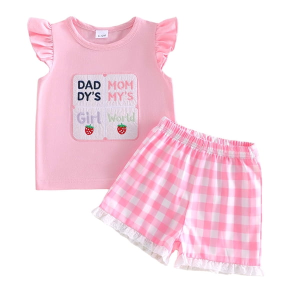 larppty Toddler Girls Summer 2-Piece Pajama Set, Pink Plaid Shorts & Embroidered Top, Soft Cotton Sleepwear for Kids Ages 1-4T(Red, 18-24 Months)