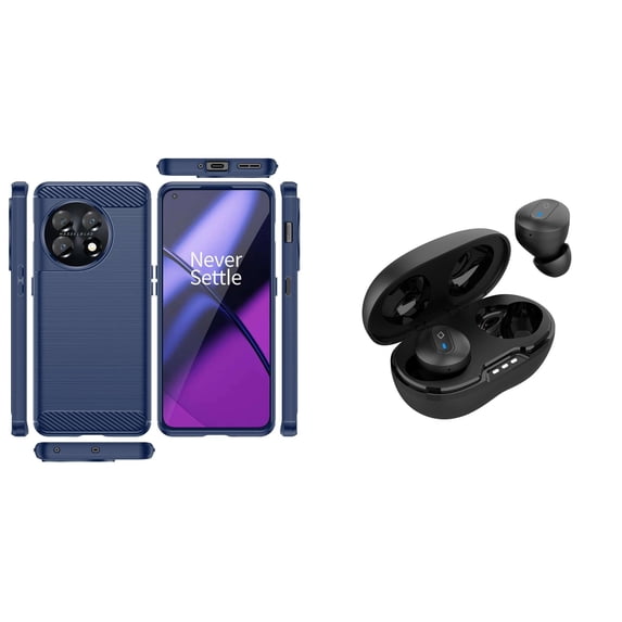 BD Flexible Cover Designed for OnePlus 11 5G Case - (Dark Navy Blue) Slim TPU Armor Carbon Fiber Case with Noise-Cancelling Wireless Earbuds with Charging Case