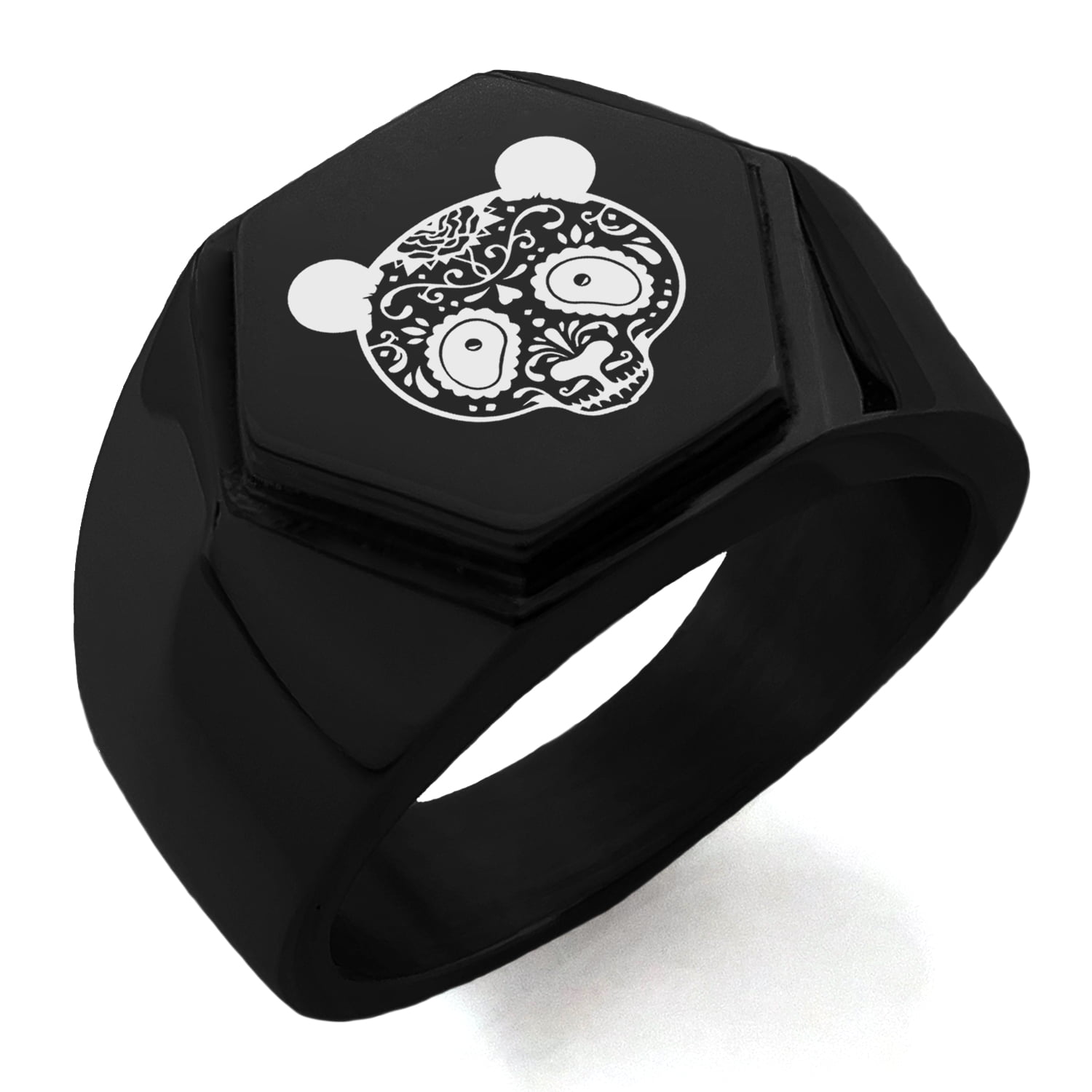 Stainless Steel Panda Icon Hexagon Crest Flat Top Biker Style Polished Ring 