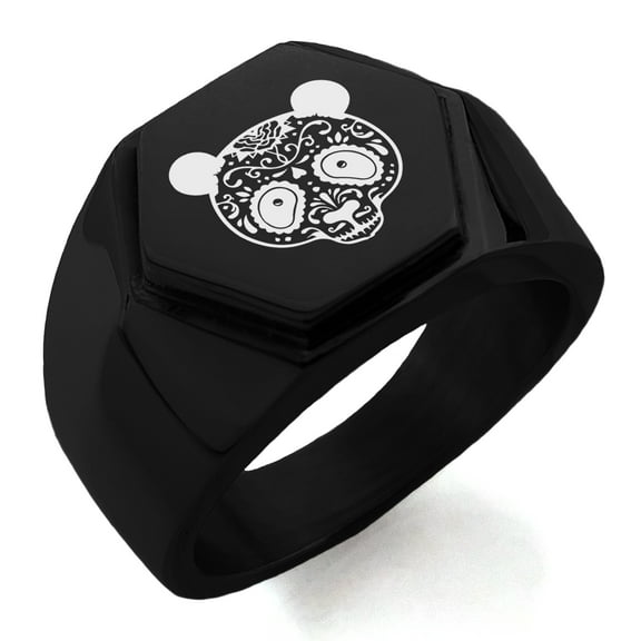 Stainless Steel Day of the Dead Sugar Skull Panda Engraved Hexagon Crest Flat Top Biker Style Polished Ring
