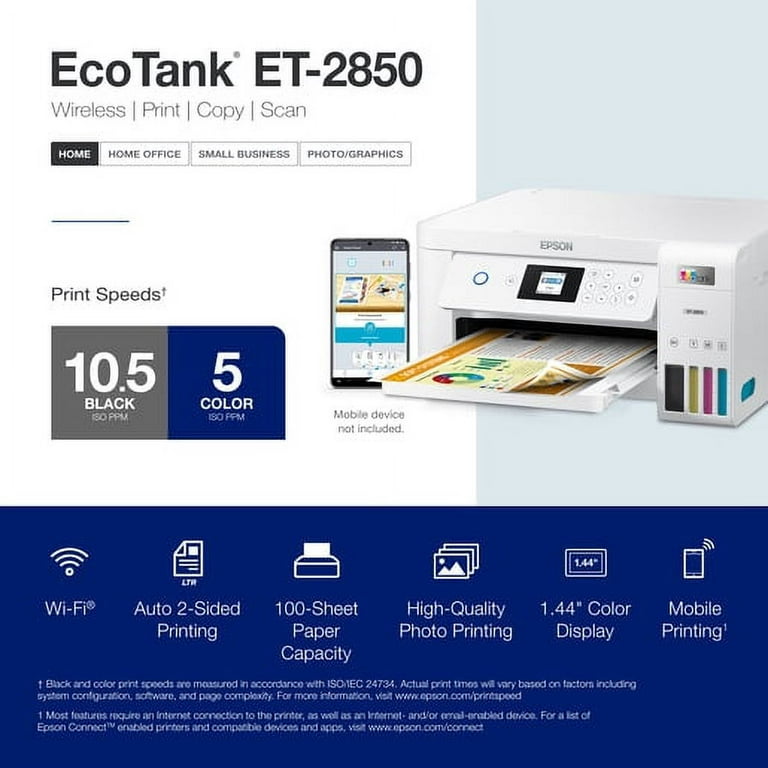 Epson EcoTank ET-2850 White Wireless Wi-Fi Color All-in-One Printer Copy &  Scan 10343957824
