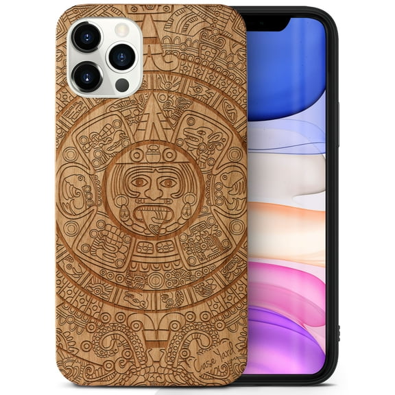 Case Yard Wooden Case Outside Soft TPU Silicone Slim Fit Shockproof Wood Protective Phone Cover for Girls Boys Men and Women Supports Wireless Charging Maya Calendar Design case for iPhone-11-Pro-Max