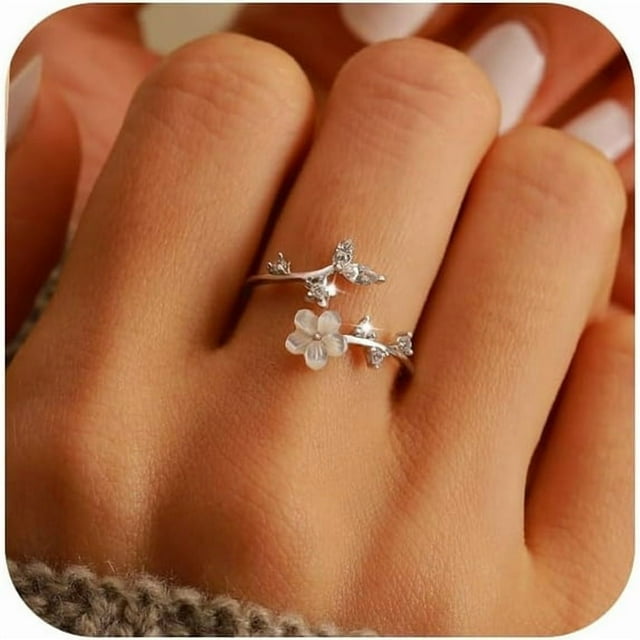 Anillo plata 925 hoja camelia, CZs, ajustable, regalo mujer