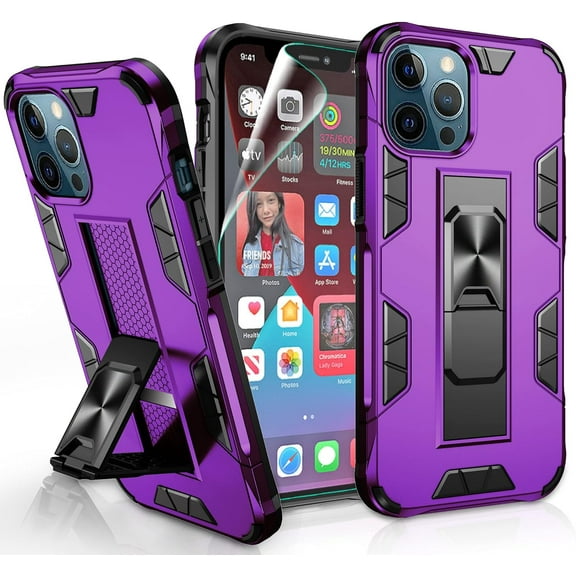 Compatible for iPhone 12 Pro Max Case with HD Screen Protector, Military Grade Dual Layer Protective Cover Built-in Magnetic Kickstand Shockproof Phone Case for iPhone 12 Pro Max, Purple