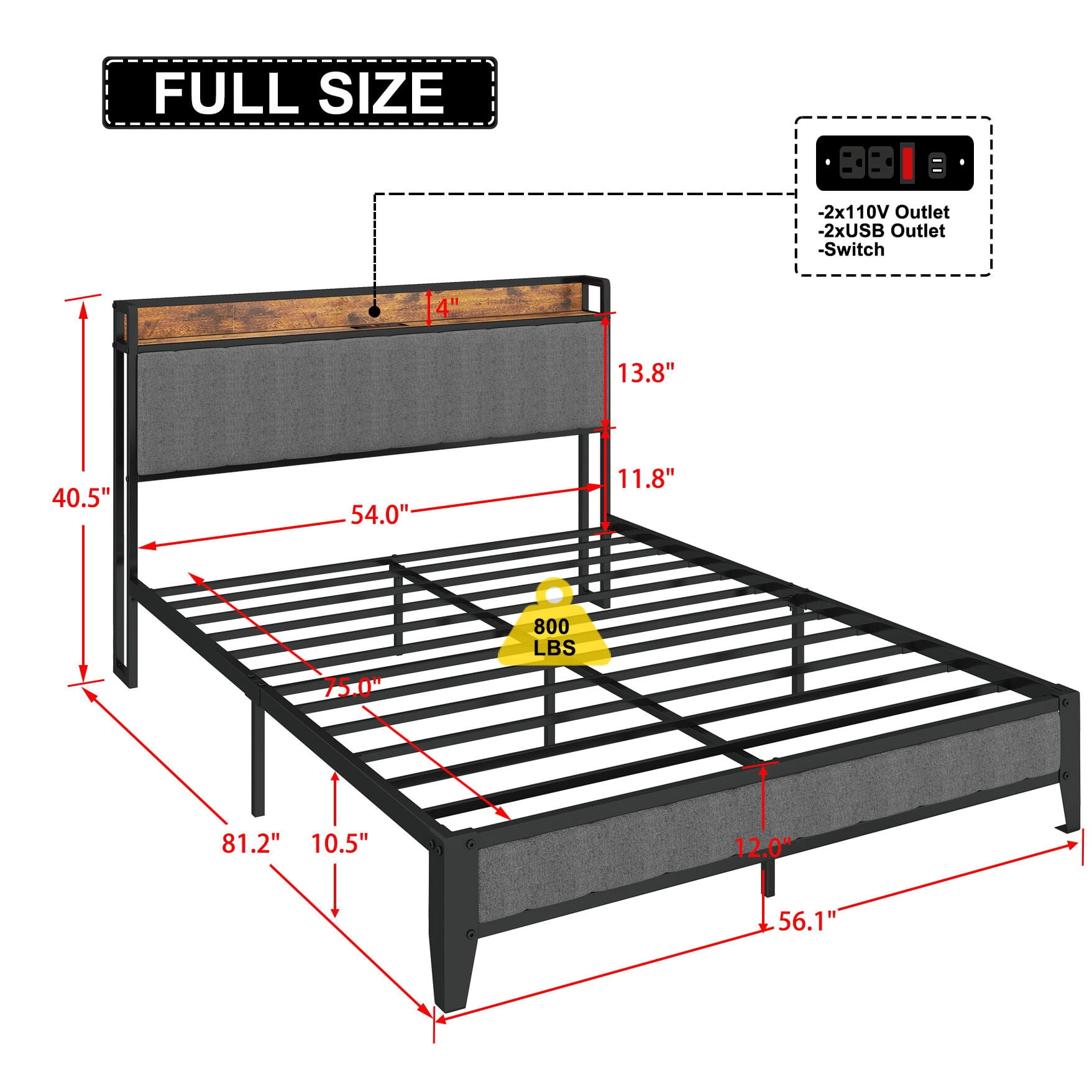 Bed Frames Full Size Bed Frame with Charging Station, Upholstered Headboard, Metal Platform, Grey,Adjustable Bed Base