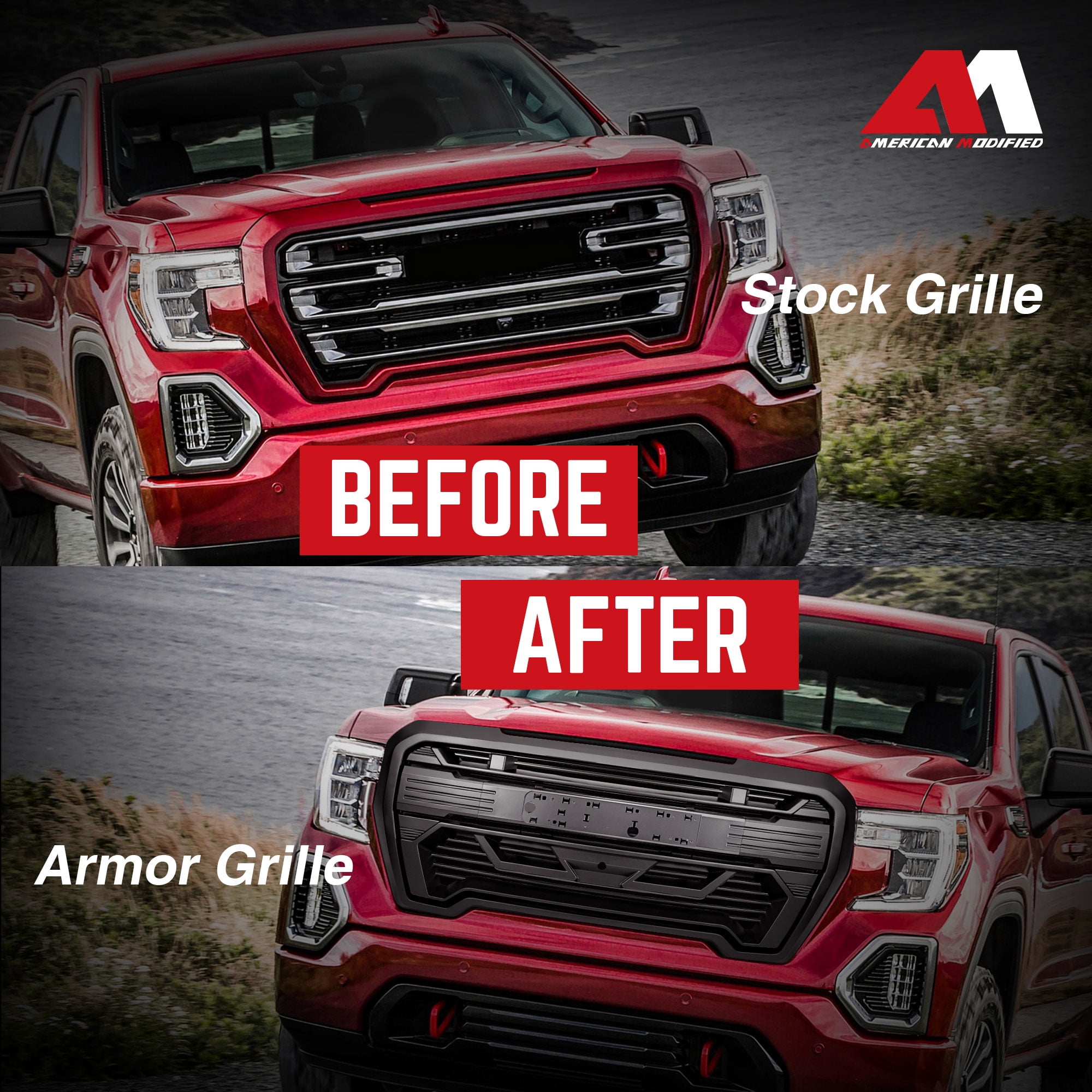 AMERICAN MODIFIED Grille w/ Emblem Base, 19-21 GMC Sierra 1500, Matte Black