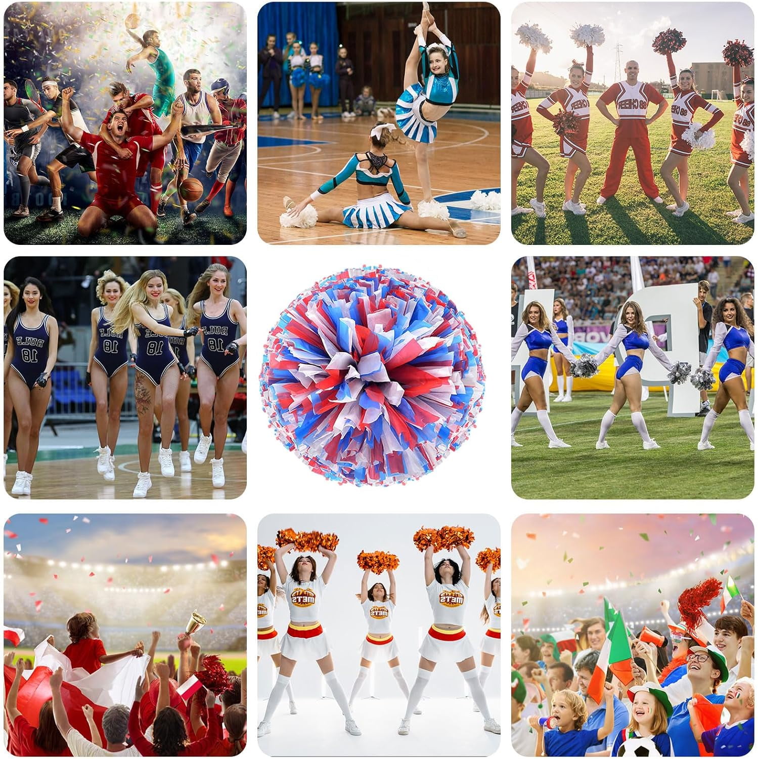 12 PCS pom poms Cheerleading,13.8inch Sports Team Spirits Cheering Squad Dance Training with Handle Rings