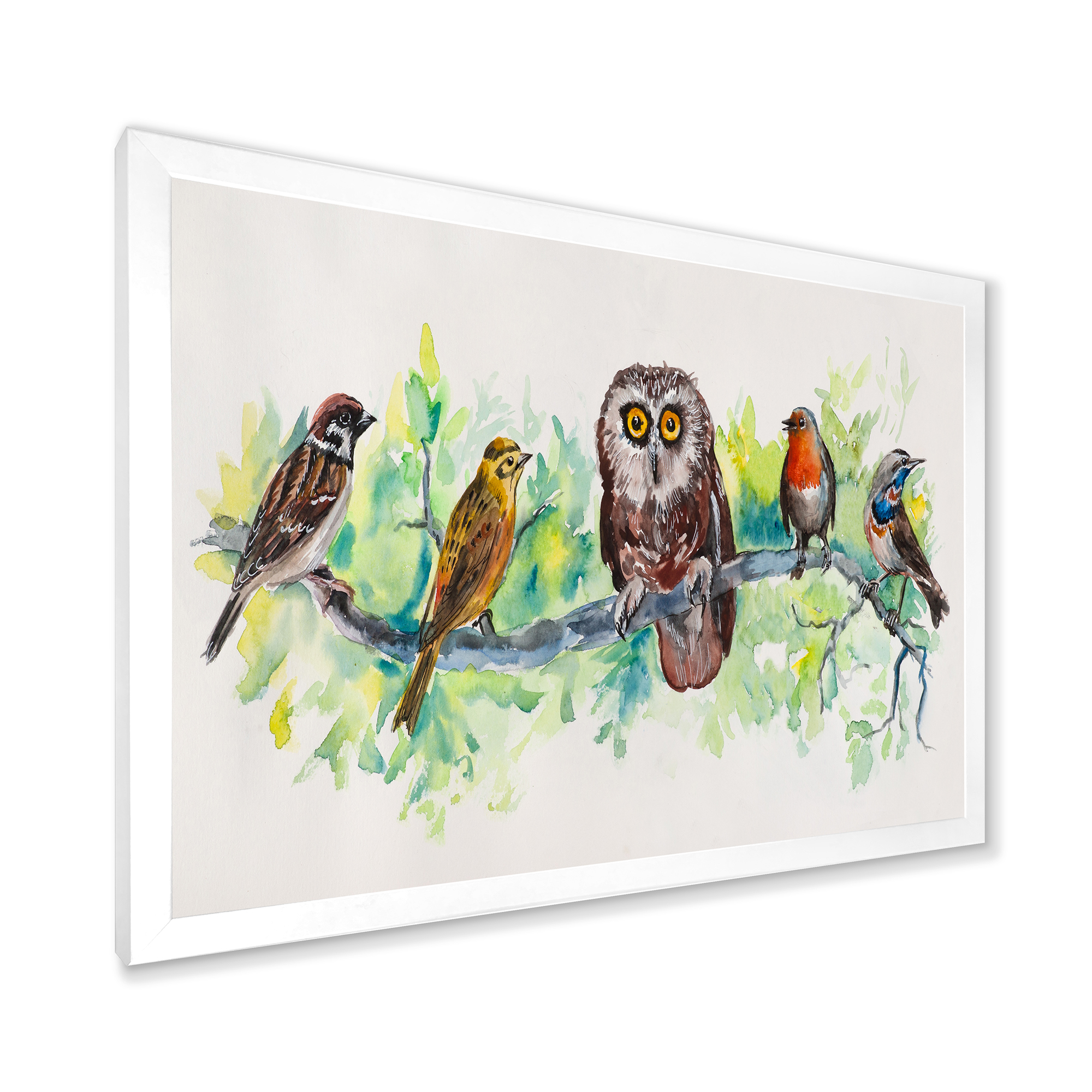 Designart 'Bird Friends With Owl On A Branch' Traditional Framed Art Print
