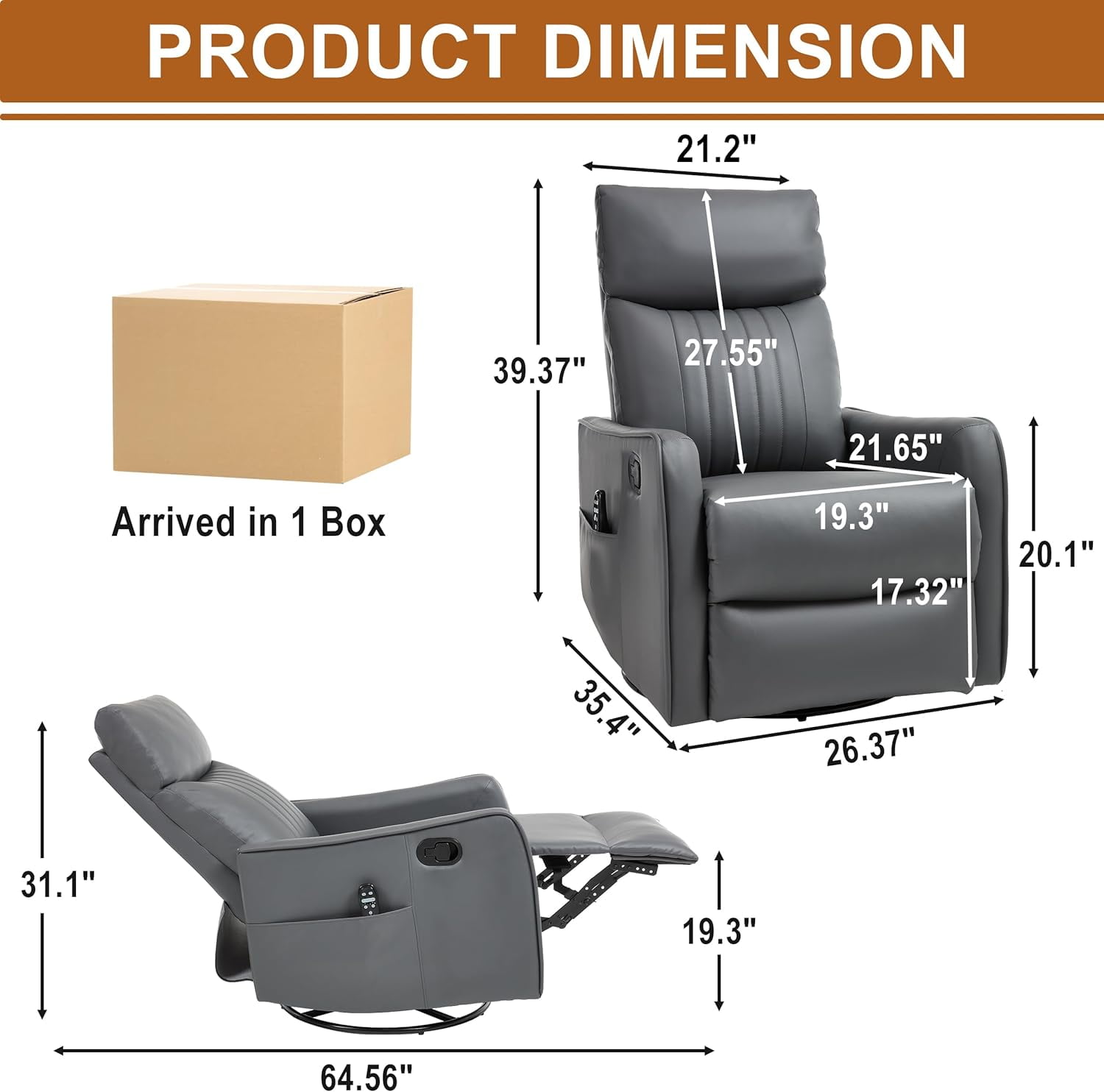 AENKYO Swivel Recliner Chair, Manual Rocking Massage Chair with Heat for Adults, for Living Room,Gray Faux Leather