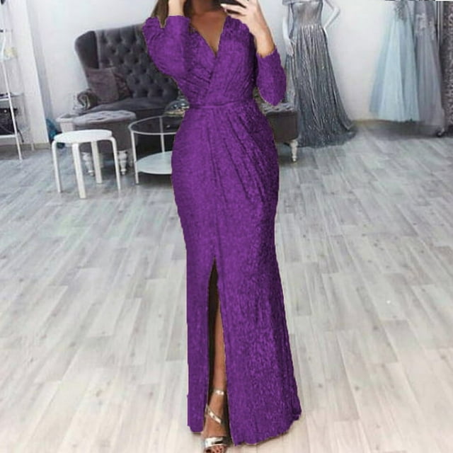 AMERTEER Femmes Profond V Cou Paillettes Robe avec Fente à Manches Longues Club Partie Robe de Soirée pour les Femmes Dame Nouveau