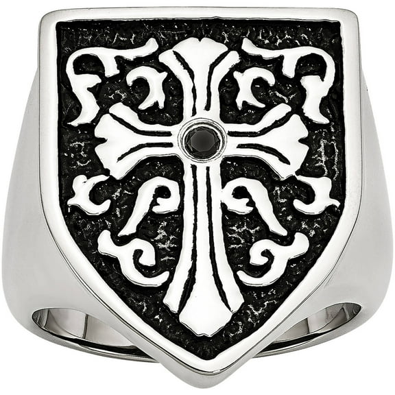 Stainless Steel Cross w/Black Diamond Antiqued Shield Ring