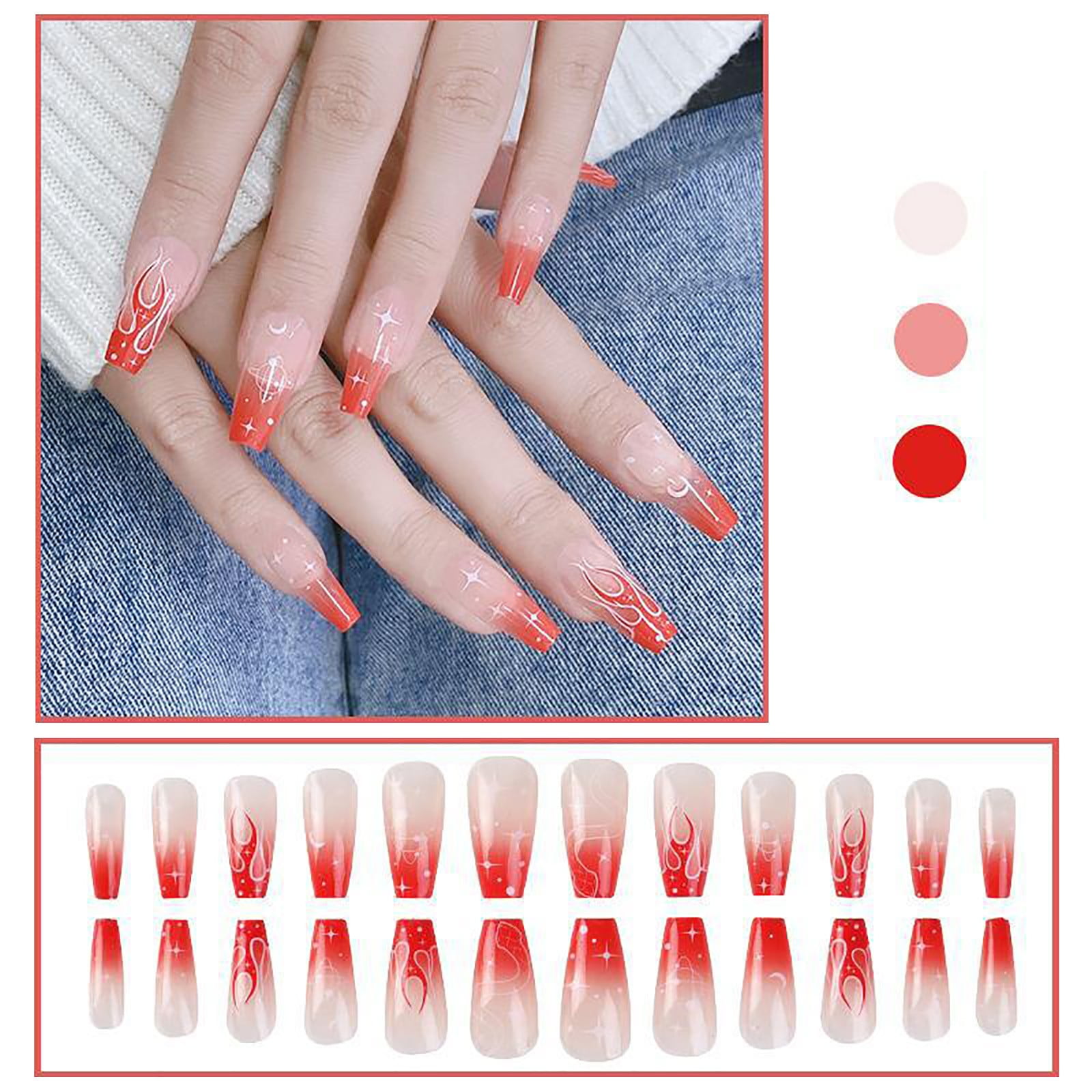 24pcs False Nails With Glue Flower Design Long Coffin French Ballerina Fake  Nails Full Cover Acrylic