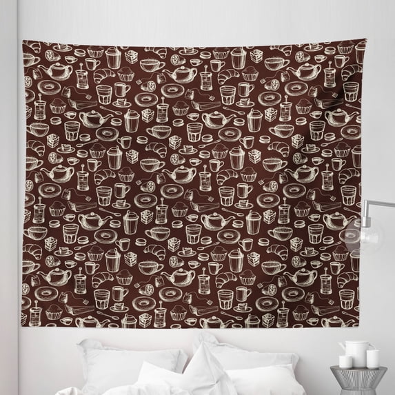 Brown and White Tapestry, Hand Drawn Style Pattern with Coffee Tea Cups Donuts and Sweets, Fabric Wall Hanging Decor for Bedroom Living Room Dorm, 5 Sizes, Dark Brown and White, by Ambesonne