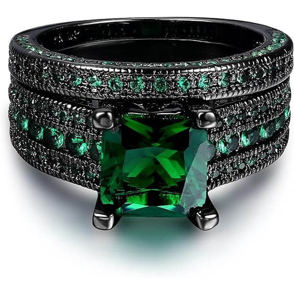 Divine_creation 2.00 Ct Princess Cut Green Emerald Womens Wedding Bridal Ring Set 14K Black Gold Plated 925 Sterling Silver -5