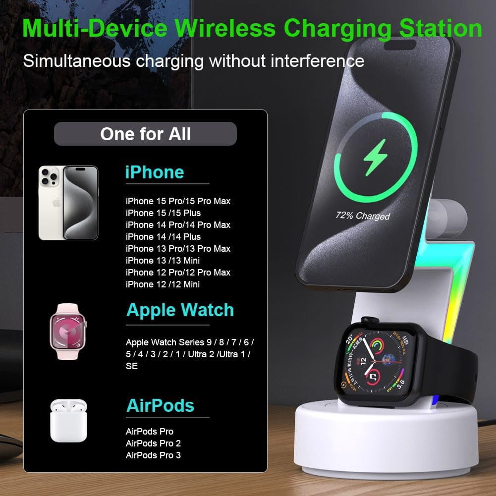 15W wireless magnetic fast charging dock for iPhone 15 14 13 12 11 X Pro Max Apple Watch Series 9 8 Ultra 7 6 SE 5 4 3 QI AirPods3/2/1/Pro