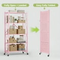 thumbnail image 3 of 2 PACKS 5 Tier Folding Shelves, 28"Lx13"Dx63"H Storage Shelves with Wheels, Freestanding Wire Foldable Kitchen Rack, No Assembly Rolling Rack for Garage Basement Pantry(Pink), 3 of 8