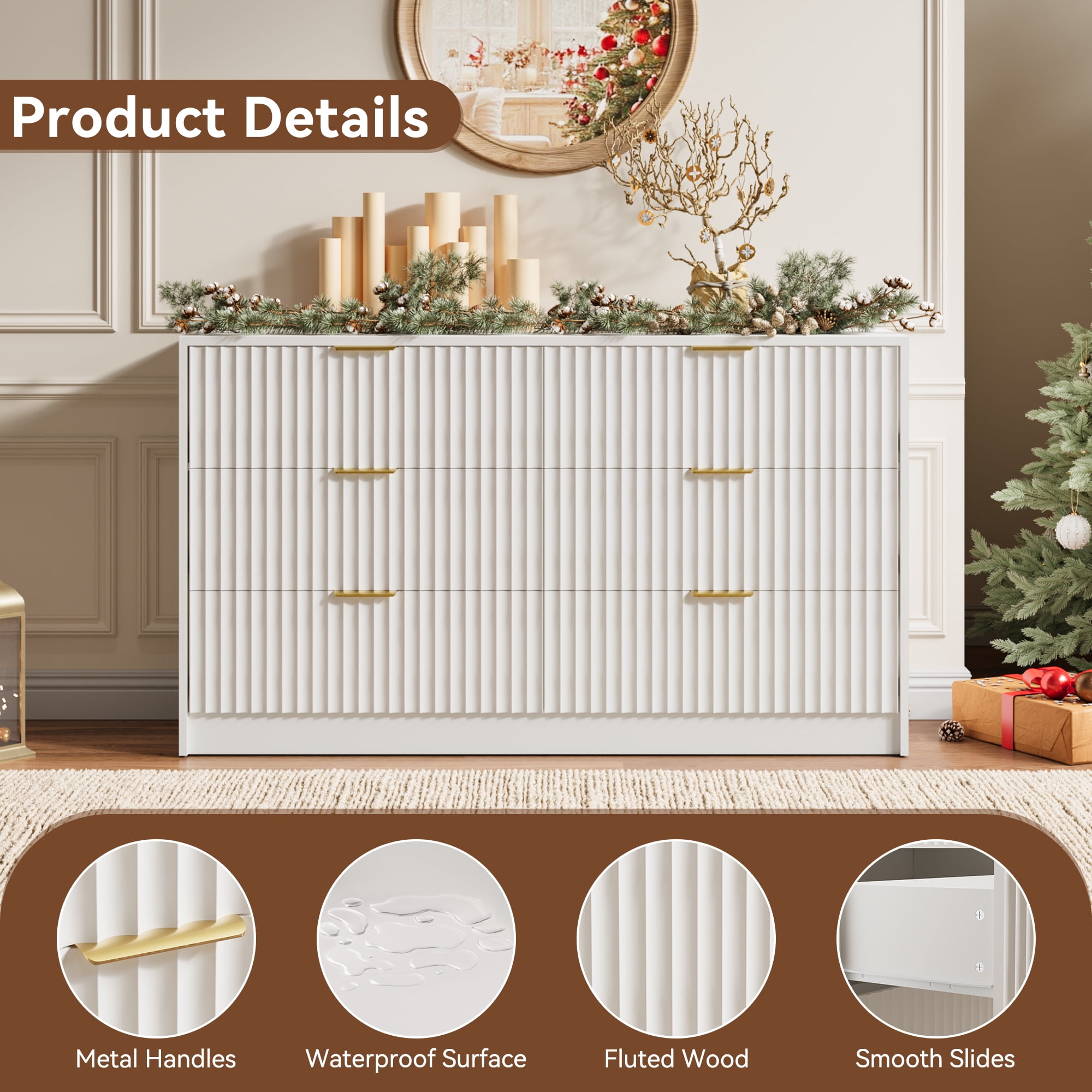 YouTrend 6 Drawer Dresser for Bedroom,55.1"Width Fluted Wood Chest of Drawer with Golden Embedded Handles for Living Room,White