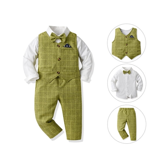 Wuxian Outfits Baby Boy Formal Suit 4 Piece Sets Gentleman Dress Clothes Solid Long Sleeve Dress Shirt Elegant Button Down Vest Pants Bowtie Party Wedding Sets,Green,2-3 Years